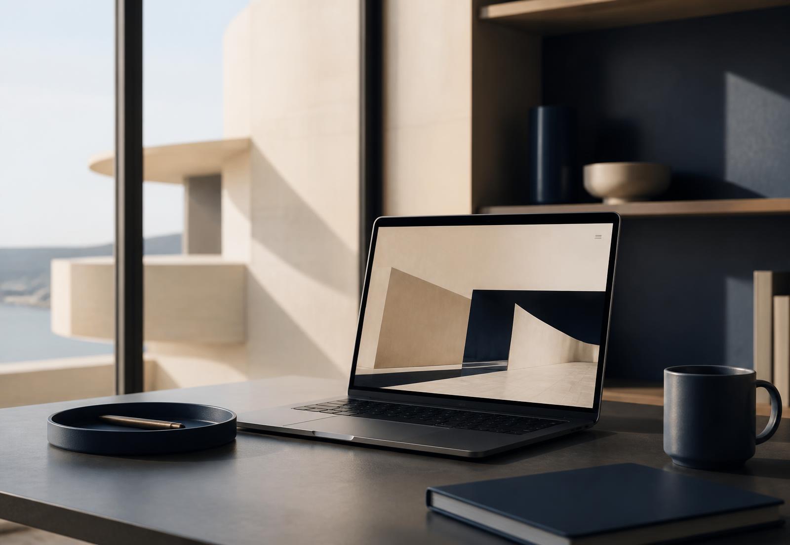 Laptop på ett skrivbord som visar en företagshemsida